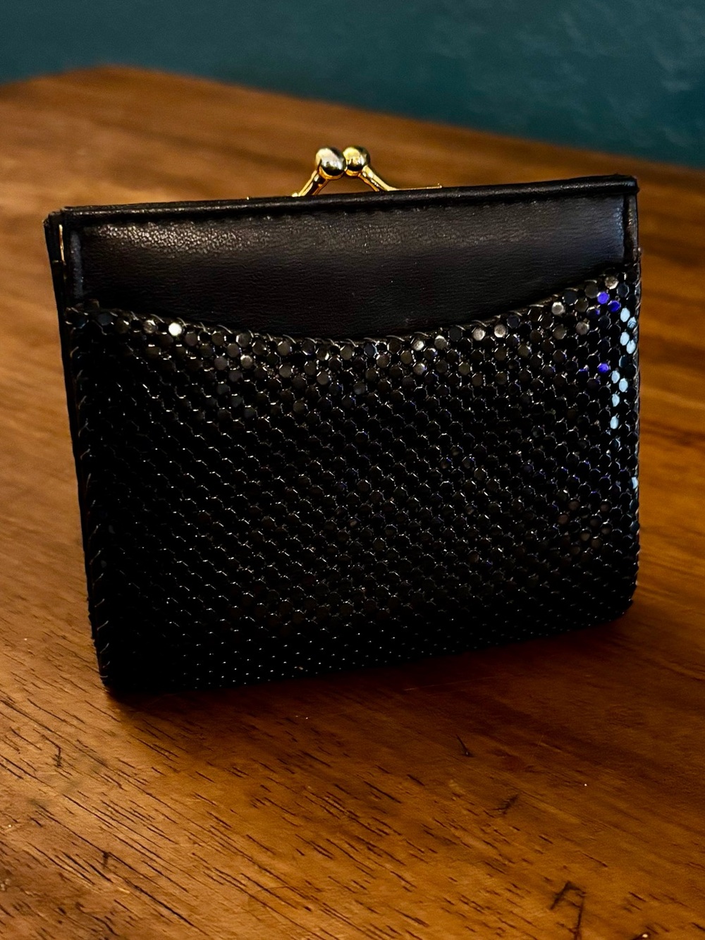 Whiting and Davis Black Metal Mesh Kiss Lock Wallet Gold Tone